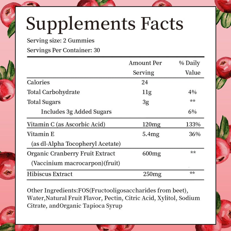 Cranberry Gummies 600mg with Vitamin C & E, Hibiscus Blend, Sugar Free | 60 Chewable Gummies with No Artificial Colors, Flavors, or Added Sugars 1