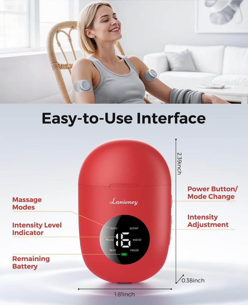 Wireless TENS Unit, Muscle Stimulator for Pain Relief, U8PRO TENS Machine | Dual Channel, Pocket-Size, EMS Massage with Charging Case, LED Screen, Portable Massager for Back, Shoulder, Waist, Red