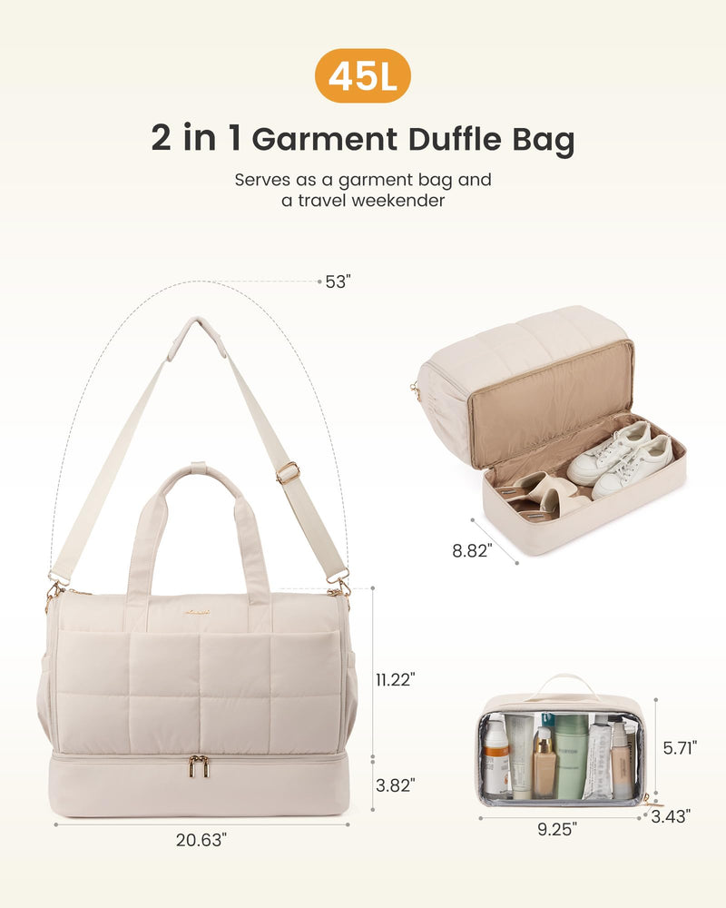 LOVEVOOK Garment Bags for Travel,Convertible Garment Bag for Women with Shoe Pouch,Carry on Duffel Bag with Toiletry Bag, 2 in 1 Hanging Suitcase Suit Bag,Waterproof Weekender Bags for Business Trip Nude 45L-2Pcs