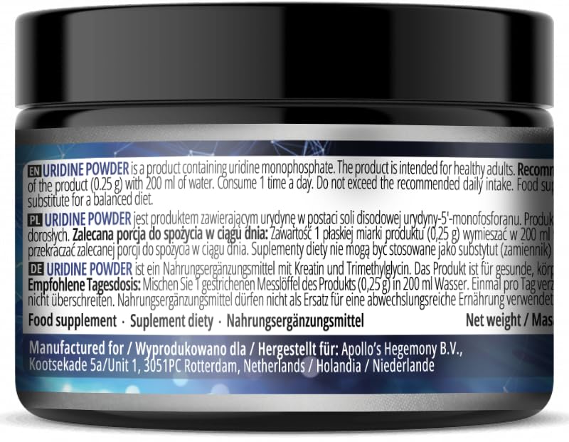 Uridine 50g Powder - 250mg uridine monophosphate - 200 portions per Pack - Vegan and additive-Free - Disodium Salt for Nervous System Support - by Apollo's Hegemony