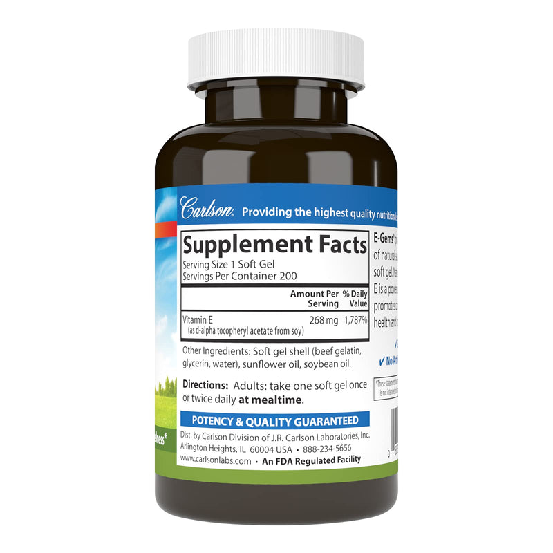 Carlson E-Gems 400 IU (268 mg), Natural-Source Vitamin E, 200 Soft Gels | Optimal Wellness 200 Count (Pack of 1)