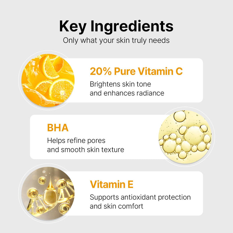 Vitamin C 20% Serum | Brightening Serum for Dark Spots & Uneven Skin Tone | Vitamin E & BHA Facial Serum for Texture Refinement & Glow | Korean Skincare | Park’s Choice