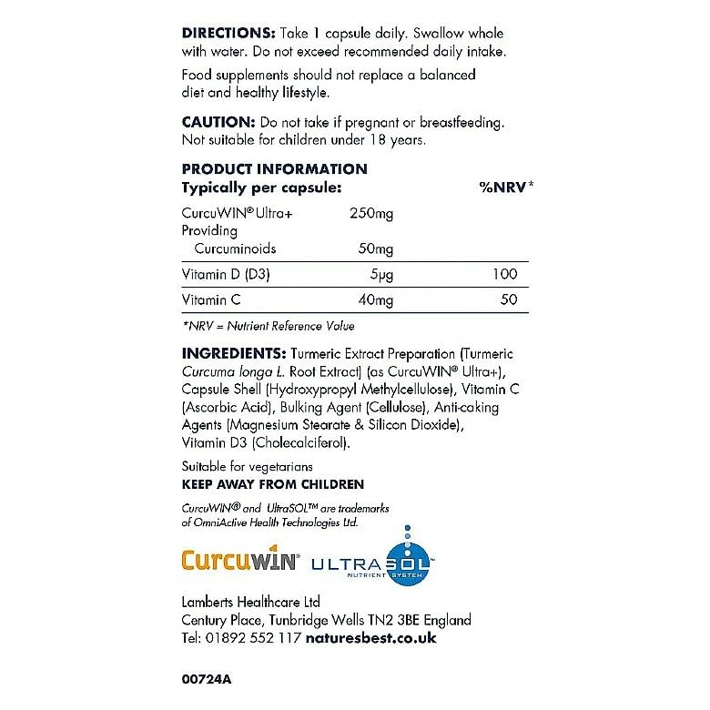 Nature’s Best Curcusorb+ - Highly Absorbable Curcumin Complex with Vitamin D3 & Vitamin C - Joint, Muscle, Cartilage & Immune Support - 60 Capsules (2 Month Supply)