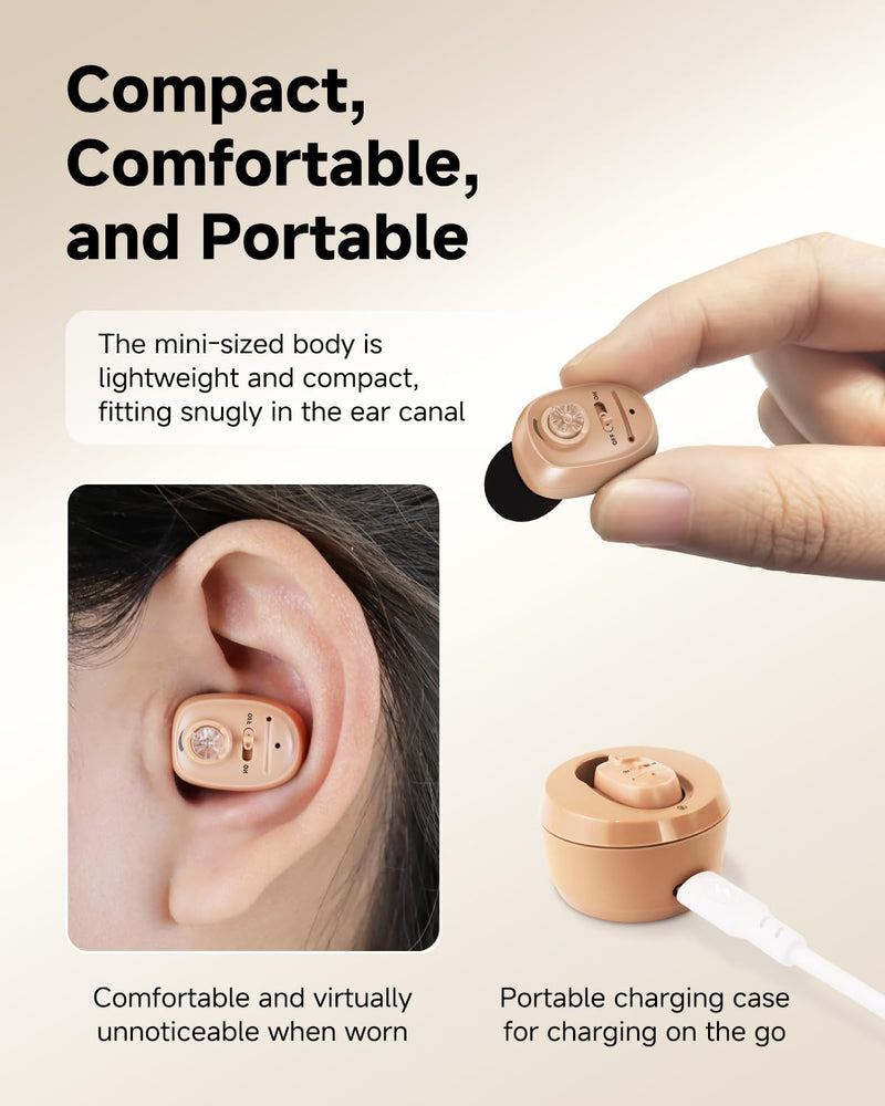Britzgo 1607 In-Ear Rechargeable Sound Support, 35H Long-Lasting Battery, USB Fast Charge, Smart Noise Reduction, Ergonomic L-Shaped Design, Portable Charging Case (beige) 1607-Beige