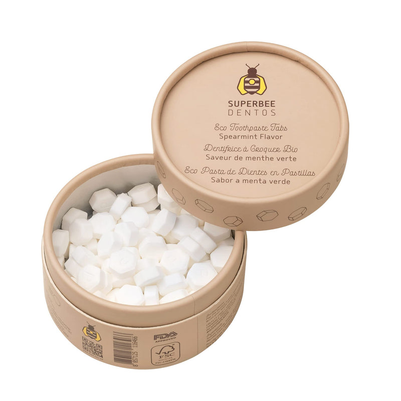 SuperBee Dentos Toothpaste Tablets, 100 Tabs, Fluoride Free & Eco Friendly, Travel Mouthwash Tablets, Sensitive Bites Kids Adults, Chewable Tablet, Spearmint 100 Count (Pack of 1) 100 Count (Pack of 1)