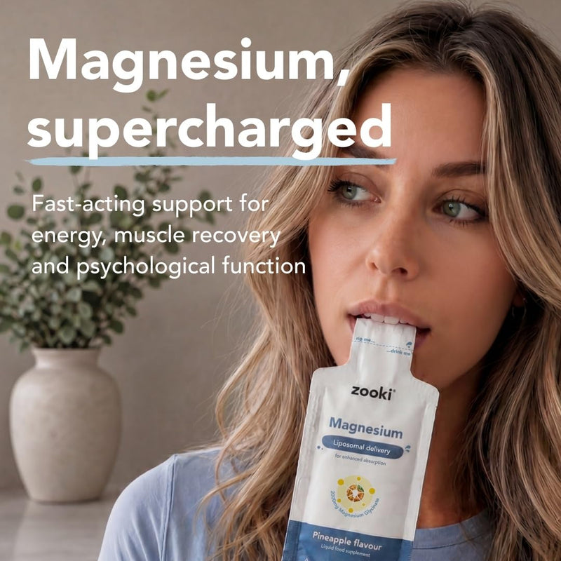 Zooki Liposomal Magnesium Glycinate Liquid Sachets, High Strength Magnesium Supplement, Liquid Magnesium for Muscle Relaxation Sleep & Energy Support, Vegan Sachets (Pineapple, 14 Servings) 17 ml (Pack of 14)