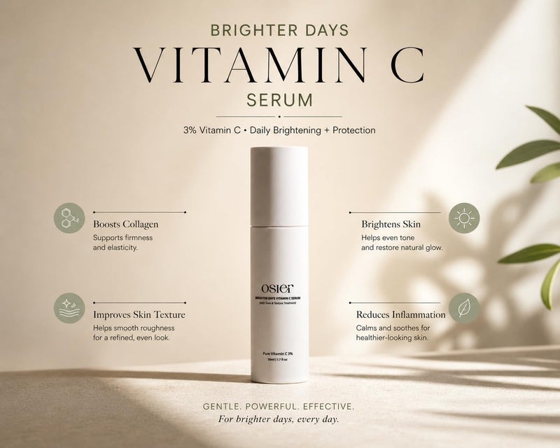 Osier Brighter Days Vitamin C Facial Serum, Korean Skincare, 1.7 fl oz | 3% Vitamin C • 10% phyto-squalene • hydrate skin • lightweight luxury • Korean skincare formula