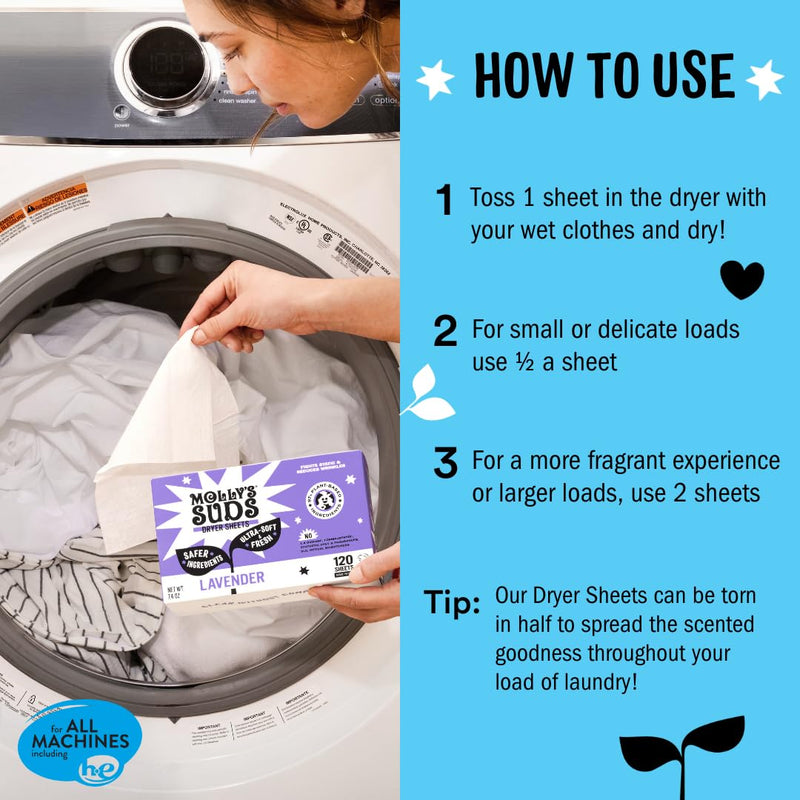 [Australia] - Molly's Suds Fabric Softener Dryer Sheets for Sensitive Skin | Plant-Based Static Reducer, Plastic-Free Packaging | Peppermint (120 Sheets) Peppermint (120 Sheets) 