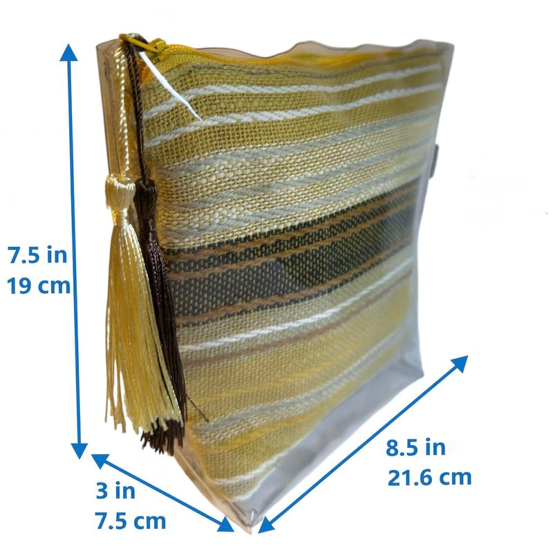 Handmade Woven Cosmetic Bag with Clear Vinyl Cover, Yellow Stripes, Zippered Pouch with Dual Tassel, Water-Resistant Lining