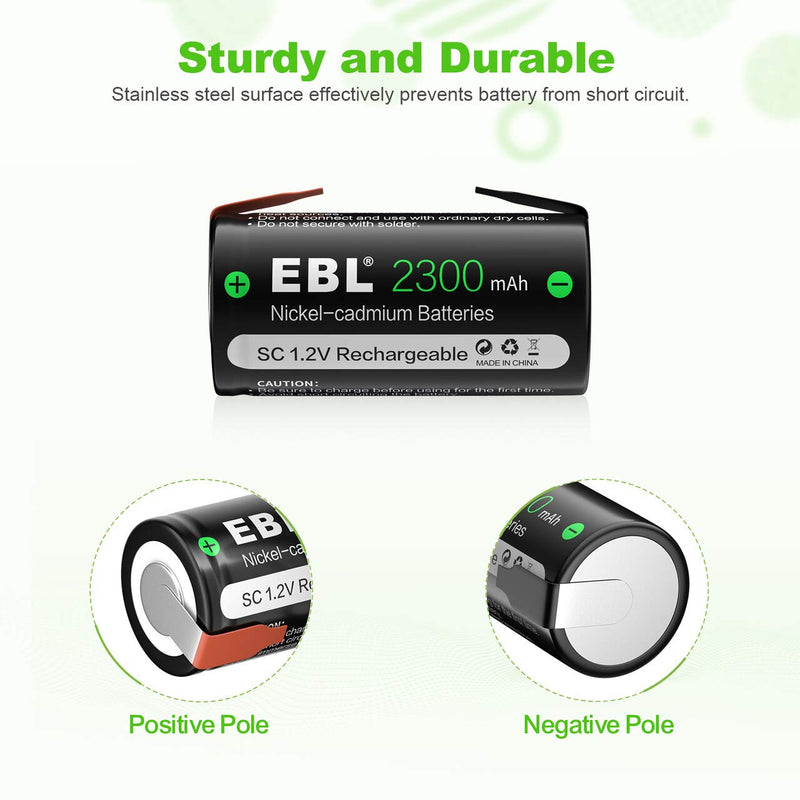 EBL 2300mAh Sub C NiCd Rechargeable Batteries for Power Tools 1.2V Flat Top Sub-C Cell Batteries with Tabs, 4 Packs