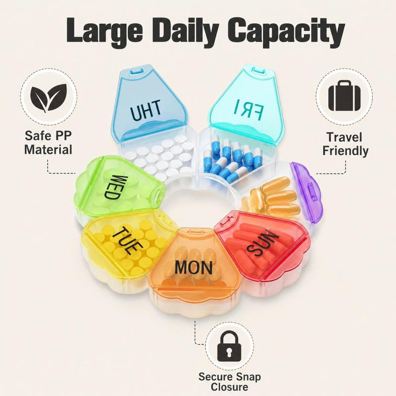 7 Day Extra Large Weekly Pill Organizer, Colorful Portable Pill Case, Large Medicine Container for Vitamins, Fish Oil, Tablets, Gummies & Daily Supplements