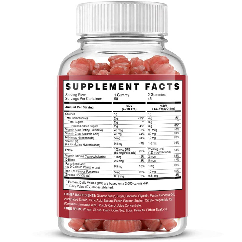 Vegan Iron Gummies Supplement for Adults & Kids, Peach, 90 Ct | with Vitamin C, A, B-Complex, Folate, Zinc - Healthy Blood & Energy Support for Iron Deficiency, Anemia, No Gelatin, Non-GMO 90 Count (Pack of 1)
