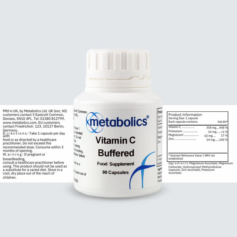 Buffered Vitamin C with Magnesium & Zinc – 90 Vegan Capsules for Immune, Collagen, Energy & Antioxidant Support