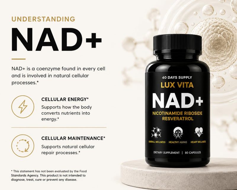 LuxVita NAD+ Supplement | 500mg Nicotinamide Riboside (NR) with Quercetin Phytosome & Trans-Resveratrol | NAD Supplements UK | Cellular Energy, DNA Repair & Healthy Ageing | 80 Vegan Capsules