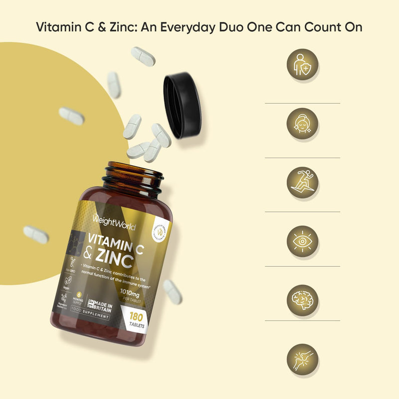 Vitamin C and Zinc Supplements - 6 Months Supply - 180 Tablets - 1 per Day - 1000mg L-Ascorbic Acid & 10mg Zinc Citrate - Vegan-Friendly & Non-GMO - Vitamin C Tablets for Men & Women