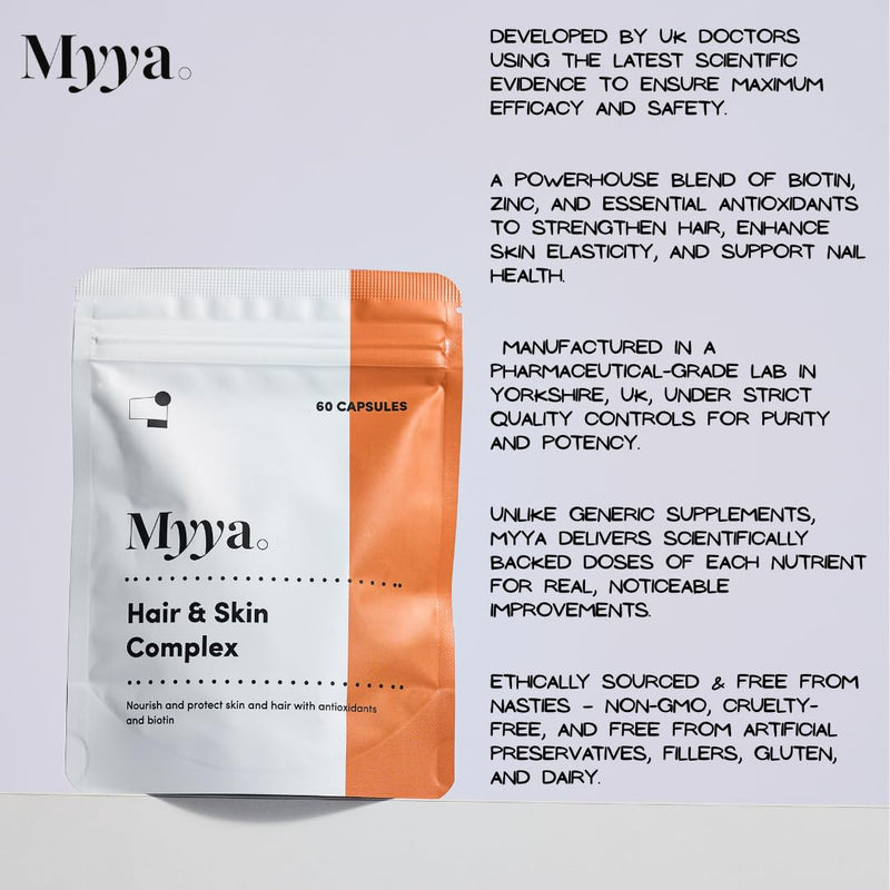 Myya Clinical-Grade Hair & Skin Vitamin Complex – Physician-Formulated, High-Potency Biotin, phytonutrients, Zinc & Antioxidants – Supports Hair Growth, Skin Radiance & Nail Strength – Made in UK.
