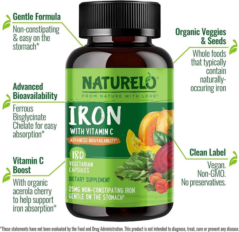 Iron Supplement Bisglycinate 25mg + Vitamin C | 180 Mini Vegan Capsules (6 Month Supply) | Gentle Iron for Women & Daily Use | Vegan Iron Capsules with Whole Food Blend | NATURELO 180 count (Pack of 1)