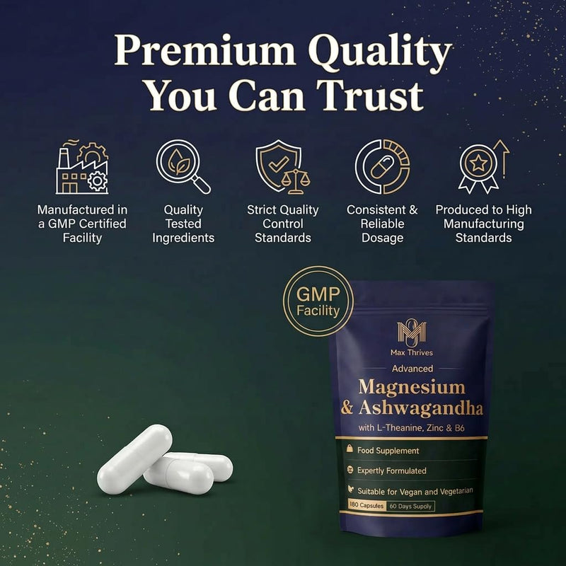 Magnesium Glycinate 5 in 1 Complex - Magnesium Supplement with Ashwagandha, L-Theanine, Zinc & Vitamin B6 – 180 Vegan Capsules – High Strength Magnesium Complex - Muscle Function & Nervous System