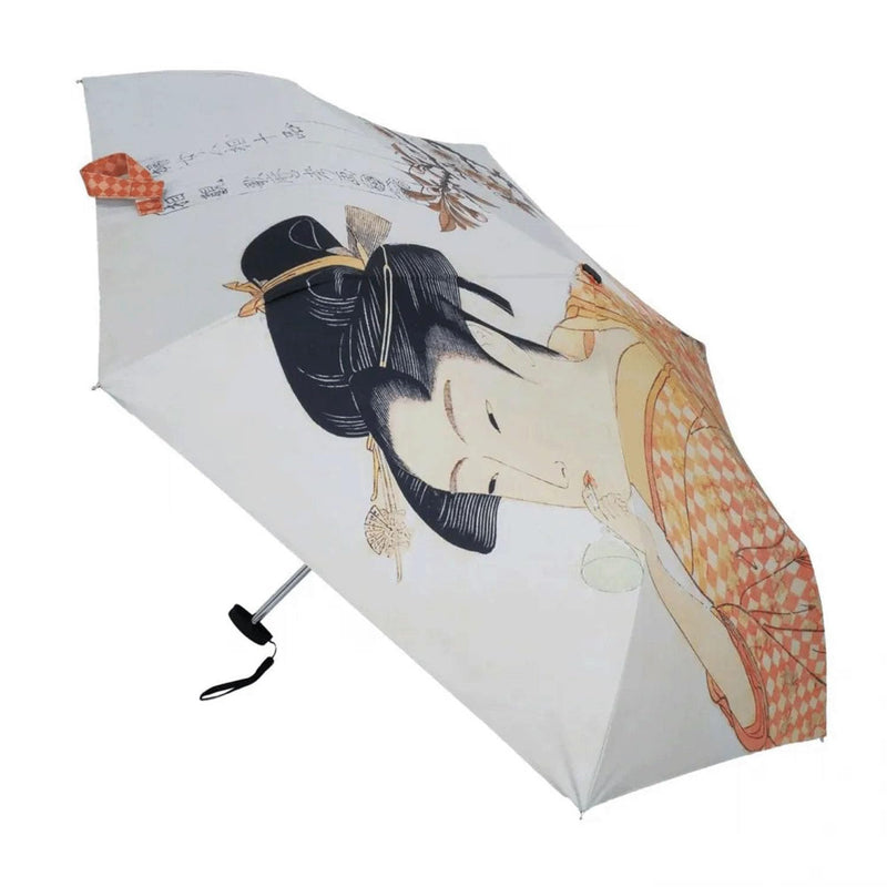 Ukiyo-e Folding Umbrella for Sun & Rain | UV Protection UPF 50+ | Lightweight Compact Flat Umbrella | Japanese Art Design | Heat & Light Blocking Travel Umbrella Bijinga Beauty Painting
