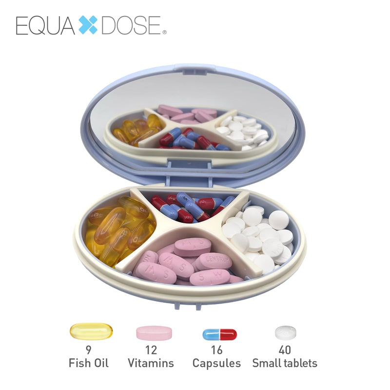 Equadose Oval Compact Pill Case, Portable Organizer with Mirror, Blue | Travel Medication Holder with Removable Divider, Small Storage Case for Pills, Vitamins, Earbuds, Jewelry & Daily Essentials Oval/Blue