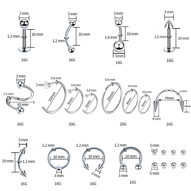 [Australia] - 94PCS Mixed-pack Piercing Kits for All Body Piercings Stainless Steel 14G 16G 20G Jewelry and Needle with Tools Nose Septum Lip Ear Belly Button Cartilage Tragus 94 Pcs 