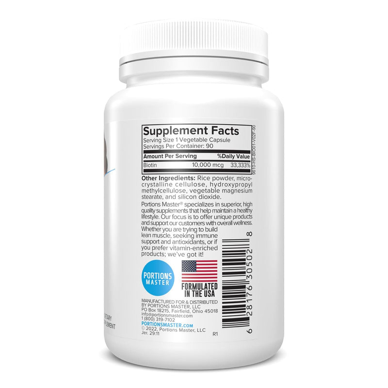 Portions Master Biotin 10000mcg, Hair, Nails & Skin (90 Veg Capsules)