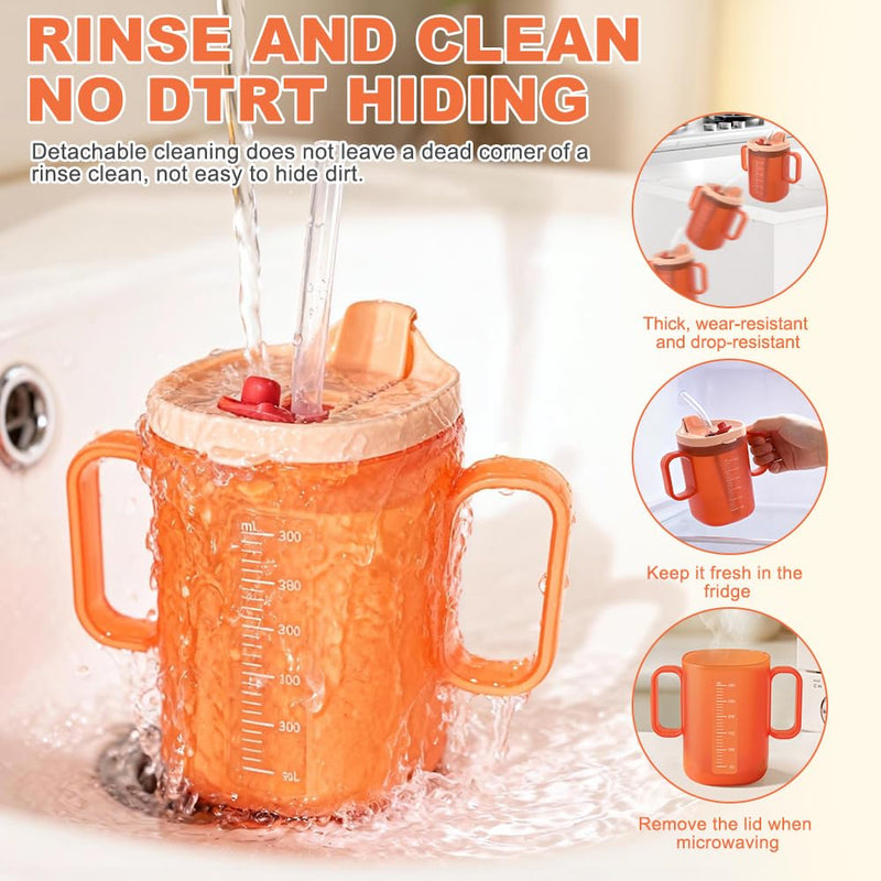 2 Pcs Elderly Spill Proof Cups, 300ml Sippy Cup for Adults, Beakers for Elderly with 2 Handles, Adult Feeding Cup Drinking Cup with Lid and Straw, Adult Sippy Cups for The Elderly Non Spill Orange