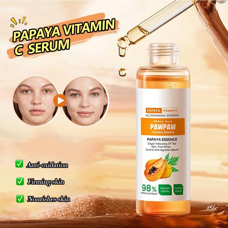 Grospe 2PC 98% Papaya Extract Vitamin C Nourish PawPaw Essence,Dispel Yellowing Of The Skin, Deep Hydration Fine Pores, Moisturizing Smoothing Facial and Body Skin 60ml / 2.02 fl.oz