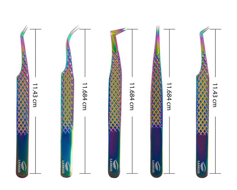 UM Supplies Eyelash Extension Tweezers pack of 5 | Professional Japanese Stainless Steel Tools | Straight | Curved | Angled | Tip 45 Degree | 90 Degree Volume Tweezers Precision Degree l Rainbow
