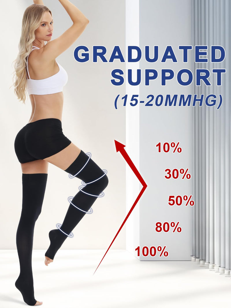 [Australia] - beister 15-20 mmHg Medical Compression Stockings for Men and Women, Open Toe Long Compression Socks with Silicone Band, Class 1 Thigh Support Stockings for Varicose Veins, Edema, DVT, Flight Black XXL 