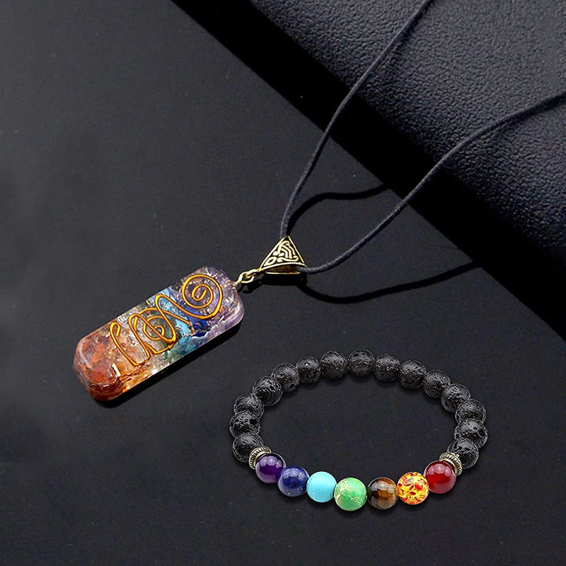 [Australia] - TOFBS Chakra Crystal Pendant Necklace & Bracelet Jewelry Set for Women Men, Reiki Healing Stone Necklace Bracelet Lucky Charm for Healing Protection Positive Energy Yoga Balance Meditation 