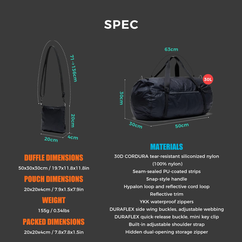 Bee Nesting 30L Ultralight Packable Duffel Bag - 2-in-1 Convertible Crossbody Pouch, Waterproof Cordura Travel Gym Bag with YKK Zippers & Reflective Trim for Men Women, Black (Black, 30L)
