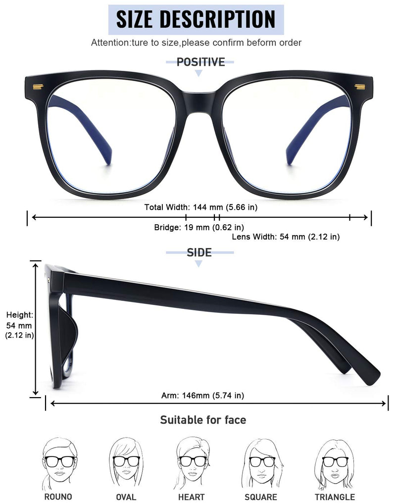 [Australia] - PANNER Oversized Square Blue Light Blocking Glasses for Women Men Anti Glare Reduce Eyestrain Computer Glasses Black 54 Millimeters 