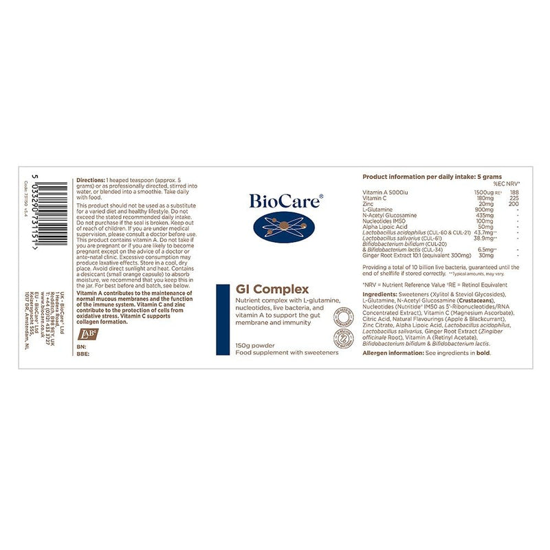 BioCare GI Complex - Nutrient Complex with L-Glutamine, Nucleotides, Live Bacteria & Vitamin A - 150g