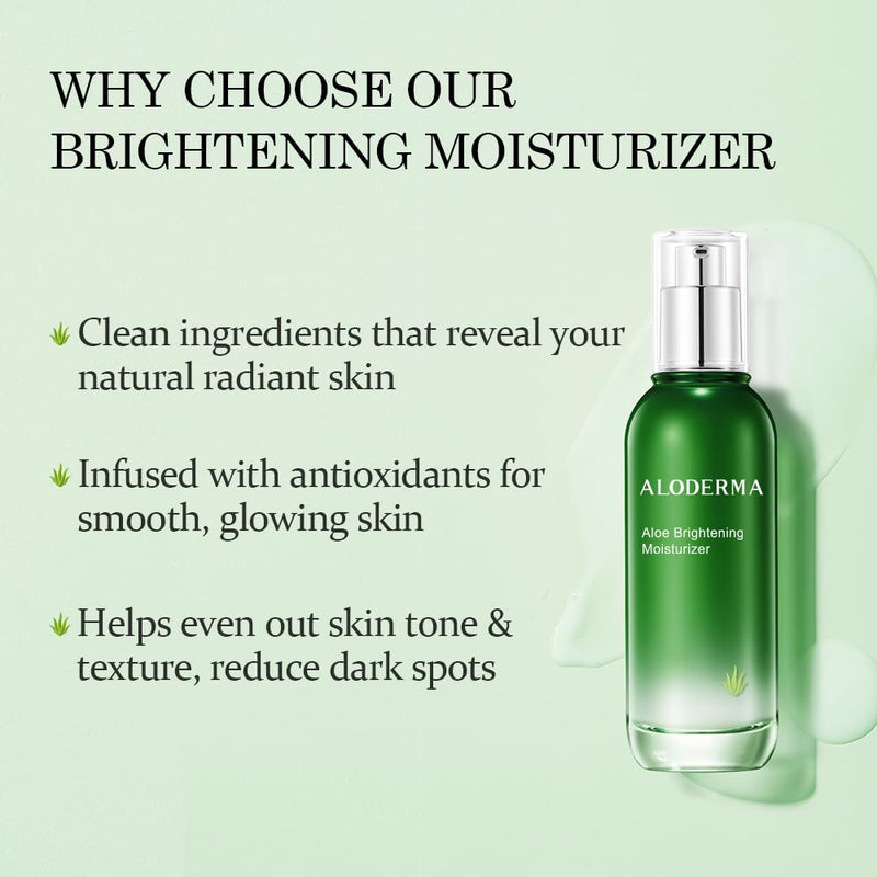 Aloderma Brightening Face Moisturizer 75% Organic Aloe, Niacinamide 3.5 oz | Lightweight daily lotion for dull and tired skin. Features squalane & vitamin C to even texture and tone safely day or night