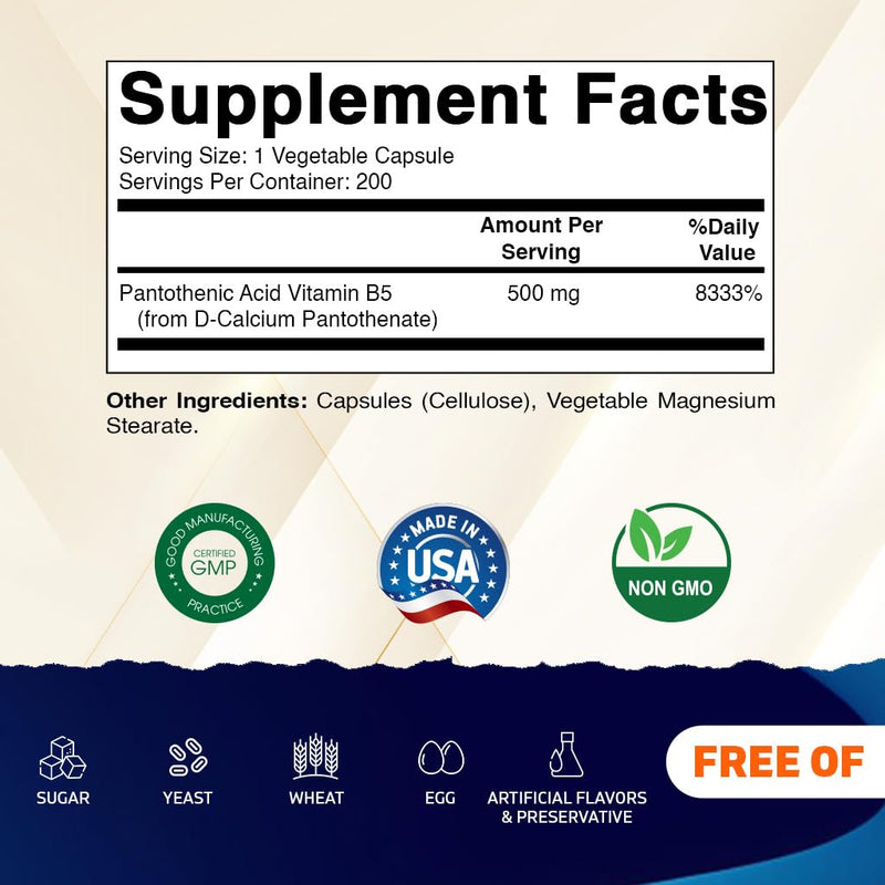 Vitamatic Pantothenic Acid (Vitamin B5) 500 mg, 200 Vegetarian Capsules | Supports Energy Metabolism*, Coenzyme Production*, Nutrient Metabolism, Non-GMO, Gluten Free, Made in USA