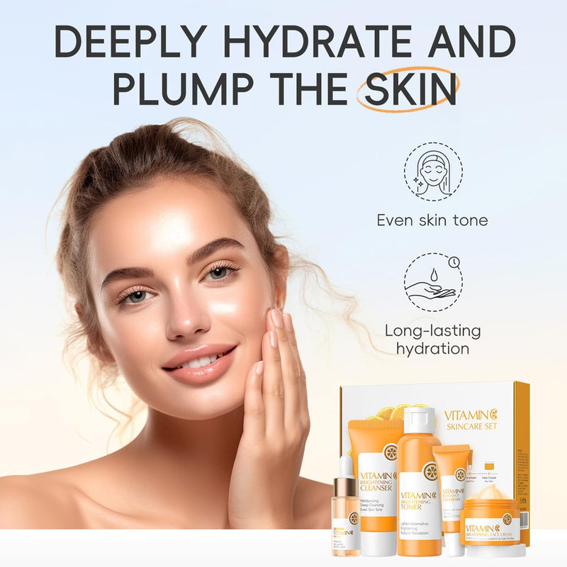 5PCS Vitamin C Skincare Set, Complete Face Care Kit with Cleanser, Toner, Serum, Eye Cream and Face Cream, Moisturizing Anti-Aging Skin