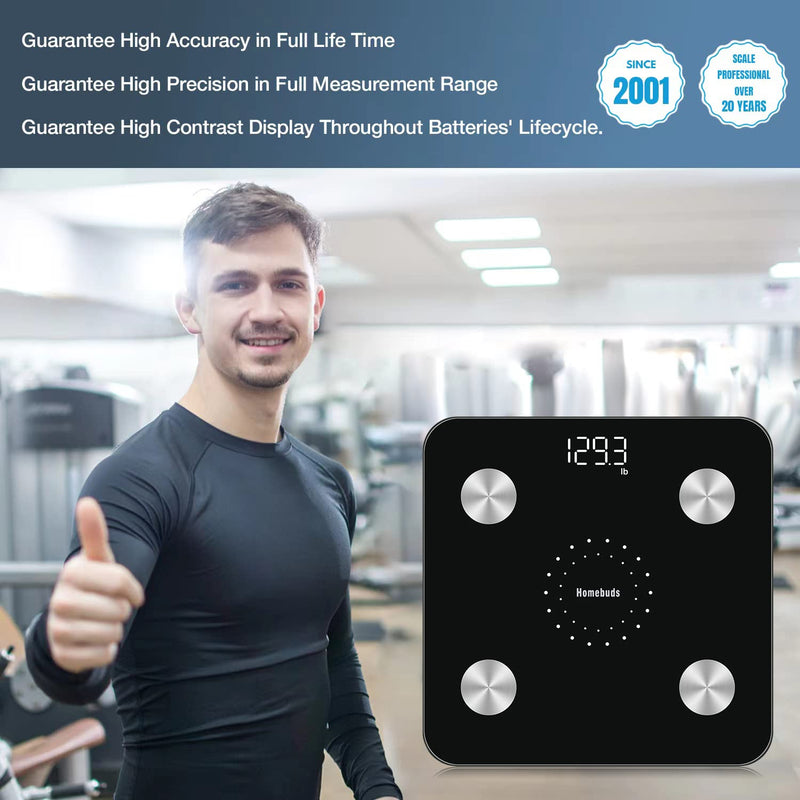 [Australia] - Homebuds Digital Bathroom Scale for Body Weight and Body Fat, Weighing Professional Since 2001, Body Composition Monitor Professional for BMI Fat Water Muscle with App, 400lb, Black Smart Scale Black 