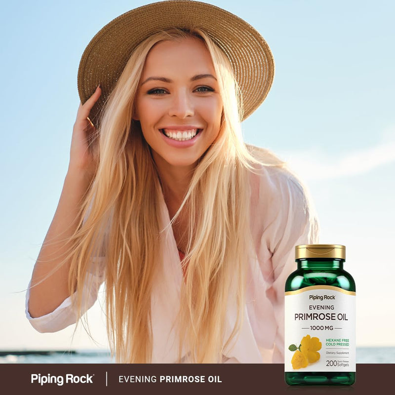 [Australia] - Piping Rock Evening Primrose Oil Capsules 1000mg | 200 Softgels | Cold Pressed Supplement | Non-GMO, Gluten Free 