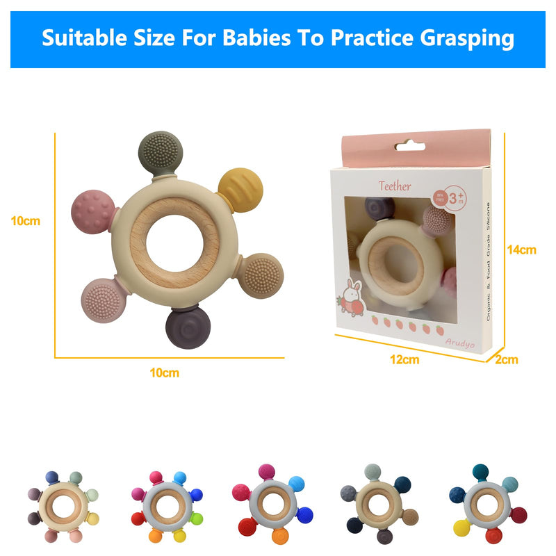 [Australia] - Baby Teething Toys Silicone Teethers BPA Free Silicone Rudder with Wooden Ring Soothe Babies Gums (Khaki) Khaki 