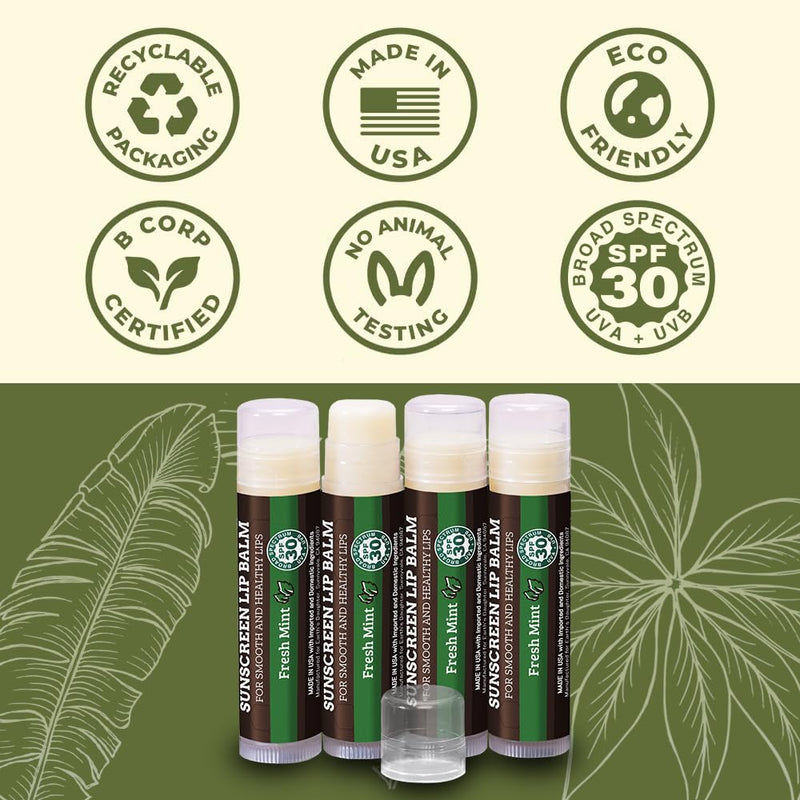 Earth's Daughter Sunscreen Lip Balm SPF 30 - Fresh Mint 4-Pack | Made With Organic Beeswax, Coconut Oil, Cocoa Butter, Vitamin E, Paraben Free, Non-GMO, Petroleum-Free, Cruelty-Free, Stick SPF 30 Fresh Mint 4-Pack