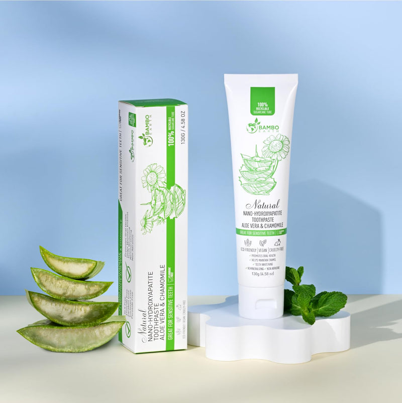 [Australia] - Natural Fluoride Free Toothpaste - Nano Hydroxyapatite, Remineralizing, Sensitive Teeth, Whitening & Zero Waste Tube - Dentist Recommended for Adult & Kids Oral Aloe Vera & Chamomile (4 Pack, Aloe) 4 Pack, Aloe 