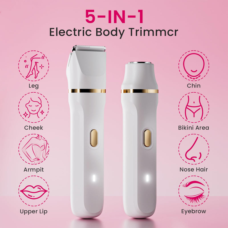 Electric Razors for Women, 5-in-1 Wet/Dry Bikini Trimmer with USB Charge Dock, Deluxe Facial Hair Removal, Wet/Dry Body Shaver for Nose Eyebrows Beard Underarm Leg Arm, IPX7 Waterproof (White) White