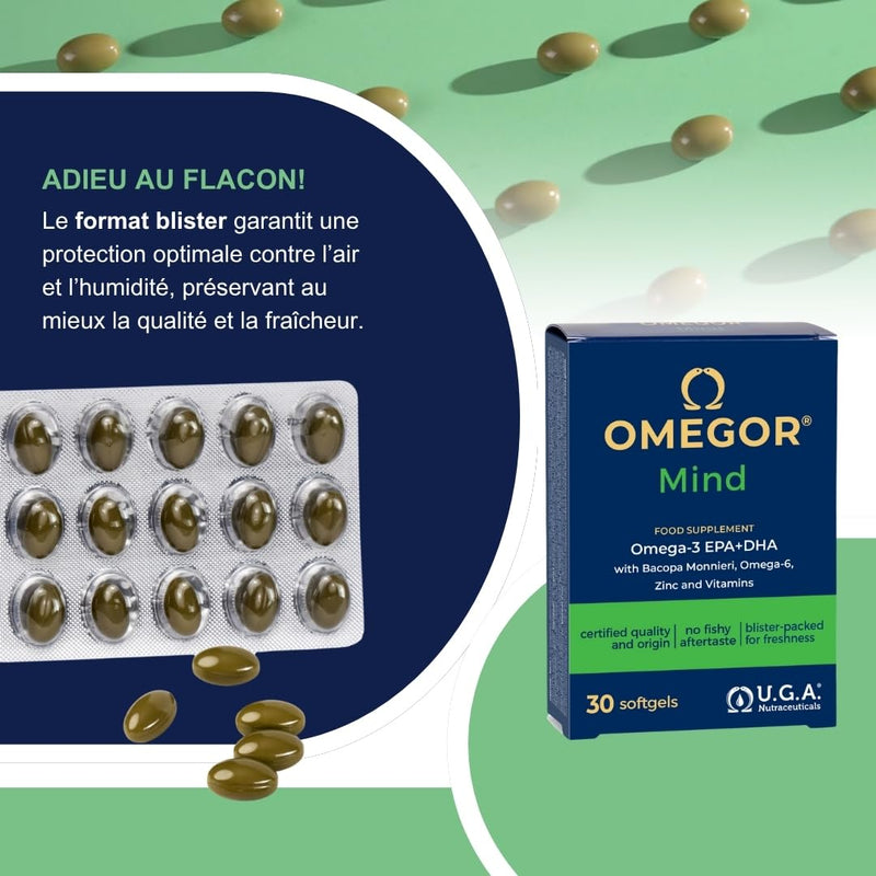 OMEGOR Mind Omega 3 and Bacopa Monnieri - Memory and Focus Supplement for Kids and Senior with Borage Oil, Zinc and Vitamin B (30 Capsules) 30 count (Pack of 1)