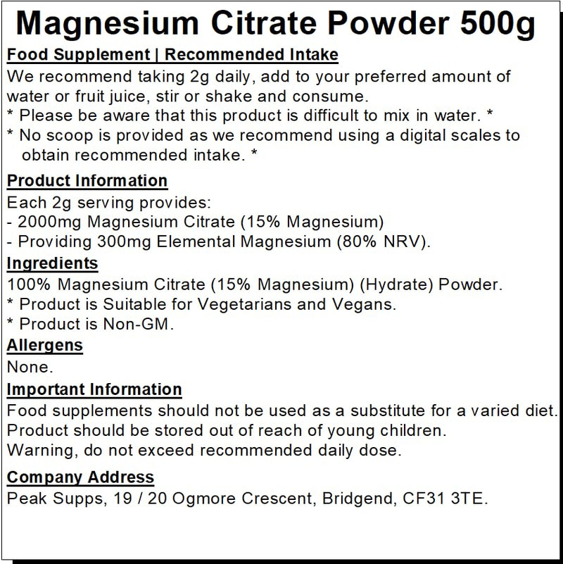 Magnesium Citrate Powder 500g | Muscle Function | Fatigue | High Strength | Vegan