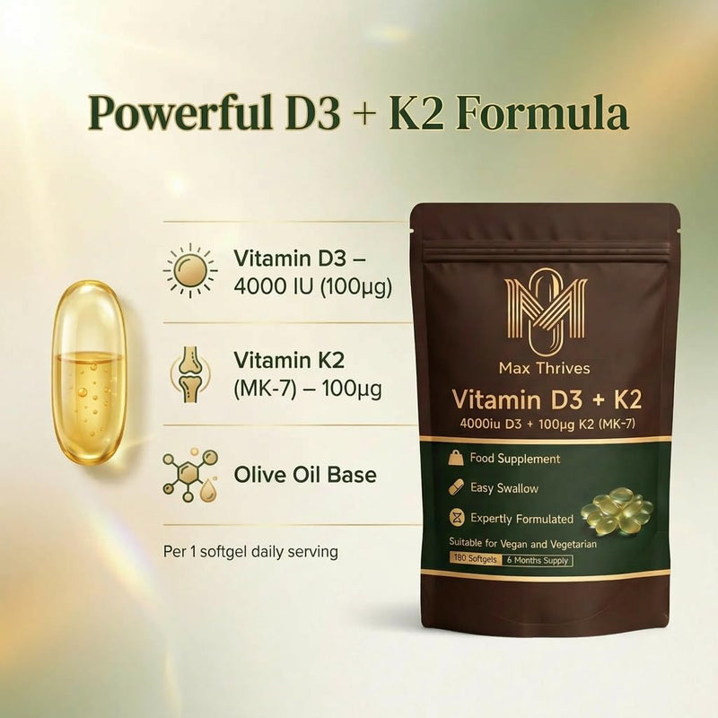 Vegan Vitamin D3 K2 Softgels 4000IU, 6 Months Supply, Olive Oil Based Lichen Sourced D3 and K2 Vitamin Complex, High Strength Vitamin D with K2, D3 Vitamin Supplements, 180 Count - Max Thrives
