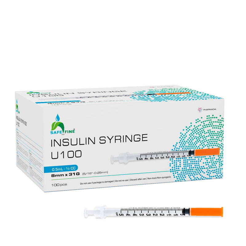 [Australia] - Safe Fine U-100 Insulin Syringes 8 mm 31G (5/16" x 0.25 mm) 0.5 ml/cc 100 Pcs/Box 8mm 31G 