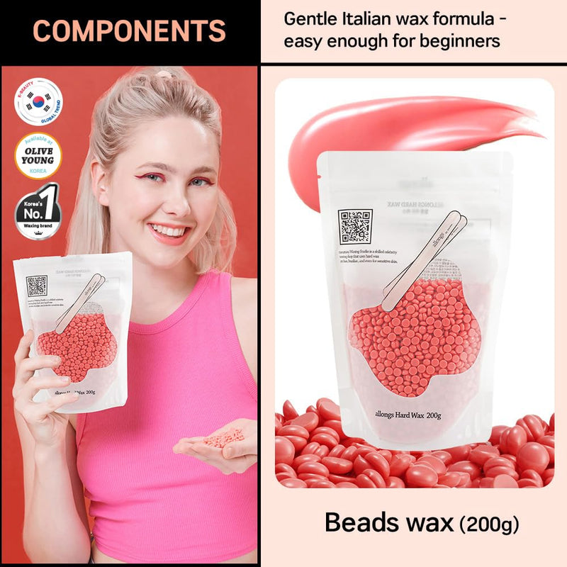 Allongs hard wax 200g | Waxing Beads for women men Professional Salon Quality | Perfect for Full Body | Facial | Brazilian Bikini | and Legs at Home Wax Refill (pink) Korean Beauty Olive Young