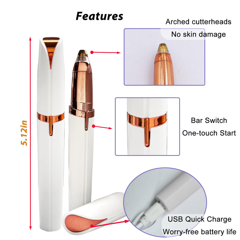 2 Pack USB Rechargeable Portable Electric Eyebrow Trimmer Pen for Women,Painless Precision Eyebrow Hair Remover, Safe Eyebrow Shaver Razor Tool for face Leg Lip Armpit Hand(White) White
