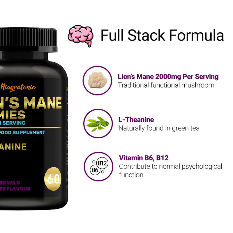Lion's Mane Mushroom Gummies with L-Theanine & B Vitamins, Mind & Focus Complex Supplement, Sugar Free, Vegan, 60 Gummies, 1 Month Supply, Mixed Berry Flavour